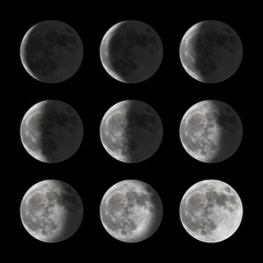 set of moon phases for new, half, and full