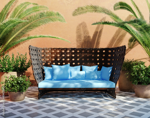 Naklejka na drzwi Romantic aged stucco patio with outdoor sofa and plants