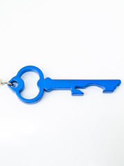 A blue stainless steel key's keychain isolated on white backgrou