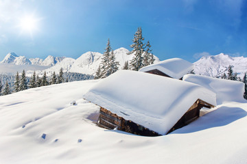 Wall Mural - snow covered hut winter landscape