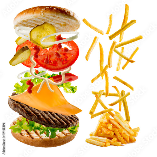 Naklejka samoprzylepna Fastfood - hamburger i frytki, latające ingrediens