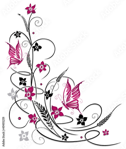 tendril-flora-kwiaty-motyle-czarny-rozowy