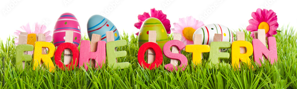 Frohe Ostern Text mit Wiese Banner - obrazy, fototapety, plakaty 