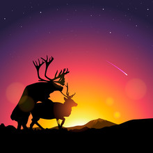 Silhouette Of Deers In Foreground, Vector Eps10 Illustration.