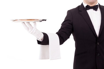 Professional waiter holding an empty dish. Isolated on white bac