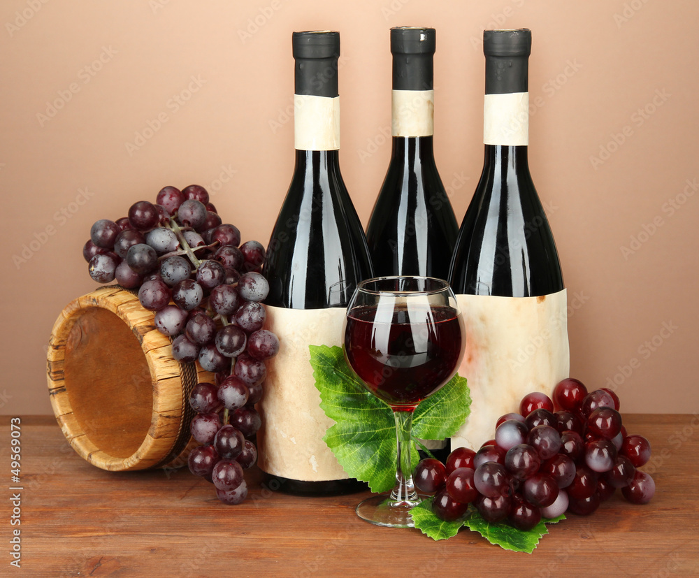 Composition of wine, wooden barrel and  grape,