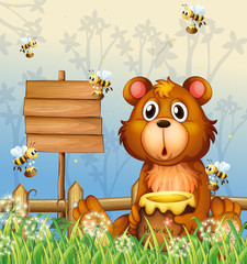 Poster - a bear and bees near a signage