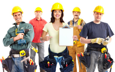 Canvas Print - Contractor woman and group of industrial workers.