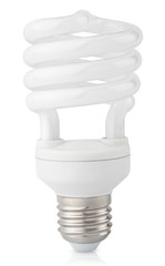 Energy saving fluorescent light bulb on white with clipping path