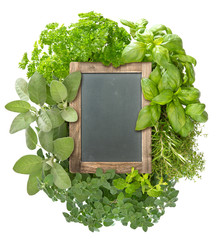 Sticker - blank blackboard with variety fresh herbs