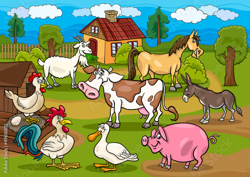 Fototapeta dla dzieci farm animals rural scene cartoon illustration