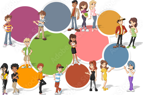 Colorful template with cool cartoon young people. Teenagers.