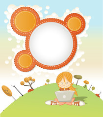 Cute cartoon girl with laptop on green park
