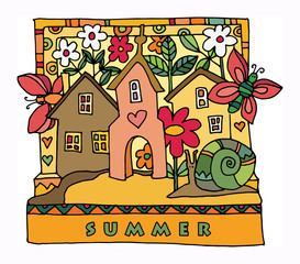 Colorful houses and garden - summer, hand drawn illustration