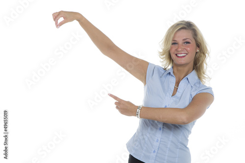 Frau Halt Ausgestreckten Arm Nach Oben Und Deutet Mit Dem Zeige Stock Photo Adobe Stock