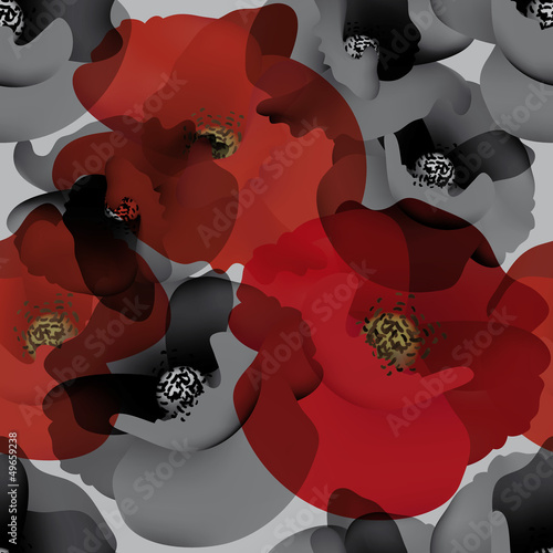 Obraz w ramie Field poppy / Seamless white-and-black wallpaper with red accent