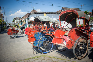 Trishaws in the street of Surakarta, Indonesia