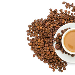 Wall Mural - Coffee cup and beans on a white background.