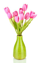 Beautiful Bouquet Of Pink Tulips In Vase, Isolated On White