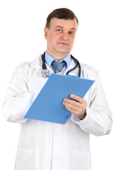 Poster - Medical doctor with stethoscope and clipboard isolated on white