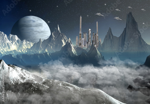 Naklejka - mata magnetyczna na lodówkę Alien Planet With Buildings