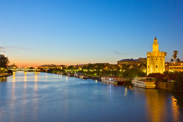 Canvas Print - cityscape of Sevilla at night, Spain