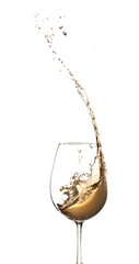 Poster - White wine splashing out of glass, isolated on white background