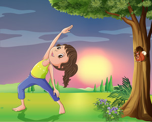 Canvas Print - A girl exercising near a tree with squirrel