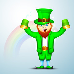 Saint Patrick's Day concept with happy leprechaun holding beer m