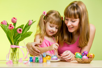 mother and daughter child painting easter eggs