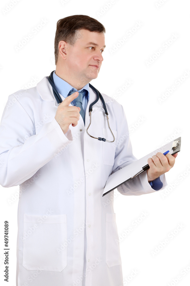 Medical doctor with stethoscope and clipboard isolated on white