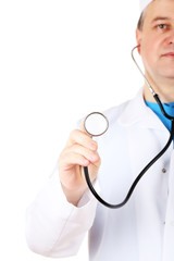 Poster - Medical doctor with stethoscope isolated on white