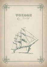 Vintage Sailboat Retro Border Drawing On Old Paper