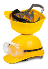 two yellow hard hats