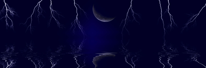 Several bolts of lightning in night sky with moon reflected in water