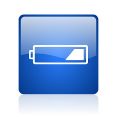 battery blue square glossy web icon on white background