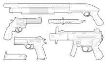 Set Of Outlined Various Weapons - Illustration