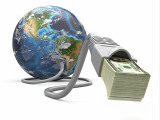 Poster - Make money online. Concept. Earth and internet cable with money.