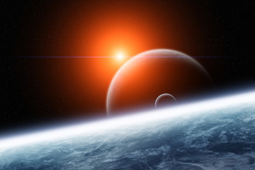 planet with double moons and rising star