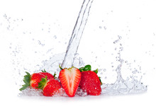 Fresh Strawberries With Water Splash On White Background