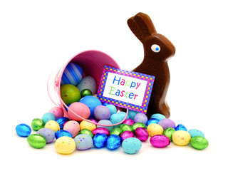 Happy Easter card and pink pail spilling candy