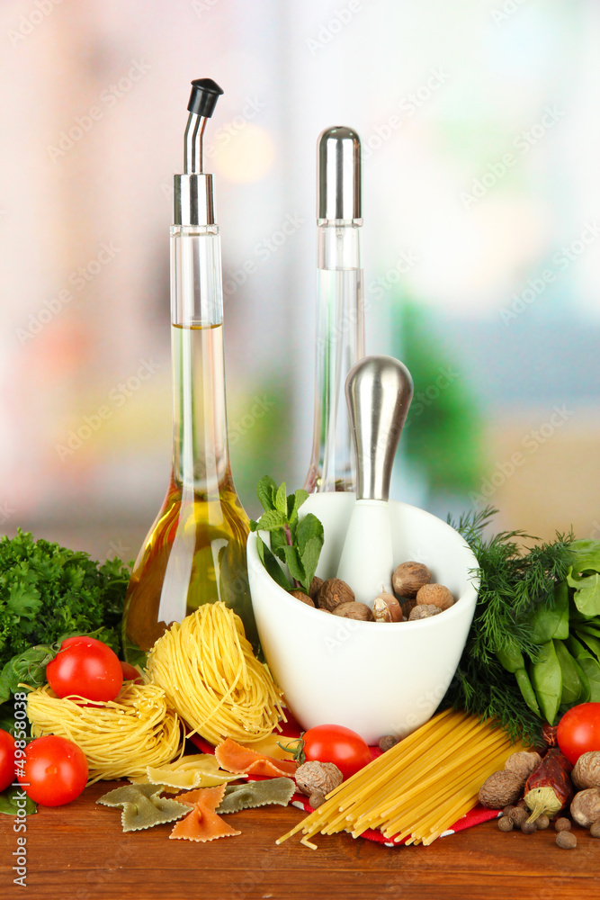 Composition of mortar, pasta and green herbals,