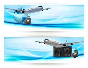 Two travel banners with with airplane on blue sky.