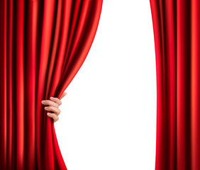 background with red velvet curtain and hand. vector illustration
