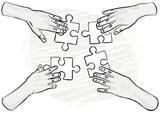 cztery ręce układanka puzzle ilustracja monochrom