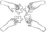 cztery ręce układanka puzzle ilustracja czarno biała