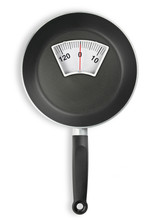 Diet Meal. Frying Pan With Weight Scale