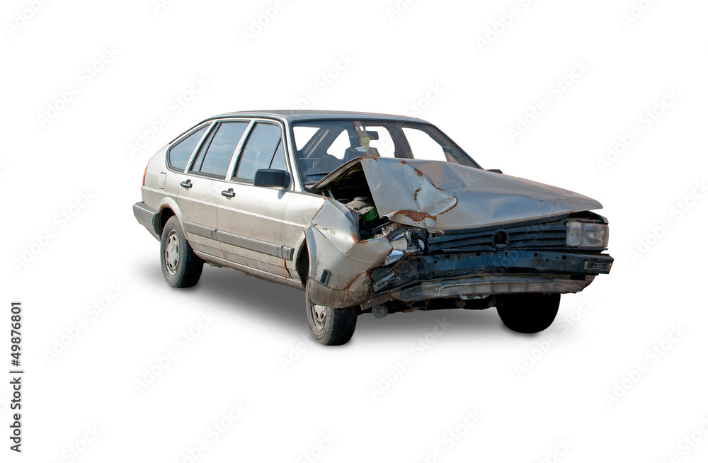 Car accident ,destroyed car - white background - obrazy, fototapety, plakaty 