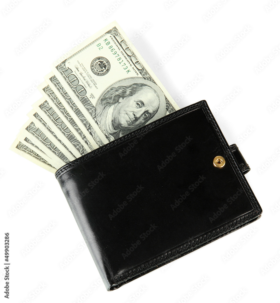 Wallet with hundred dollar banknotes, isolated on white