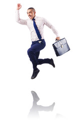 Wall Mural - Muscular half naked businessman jumping on white